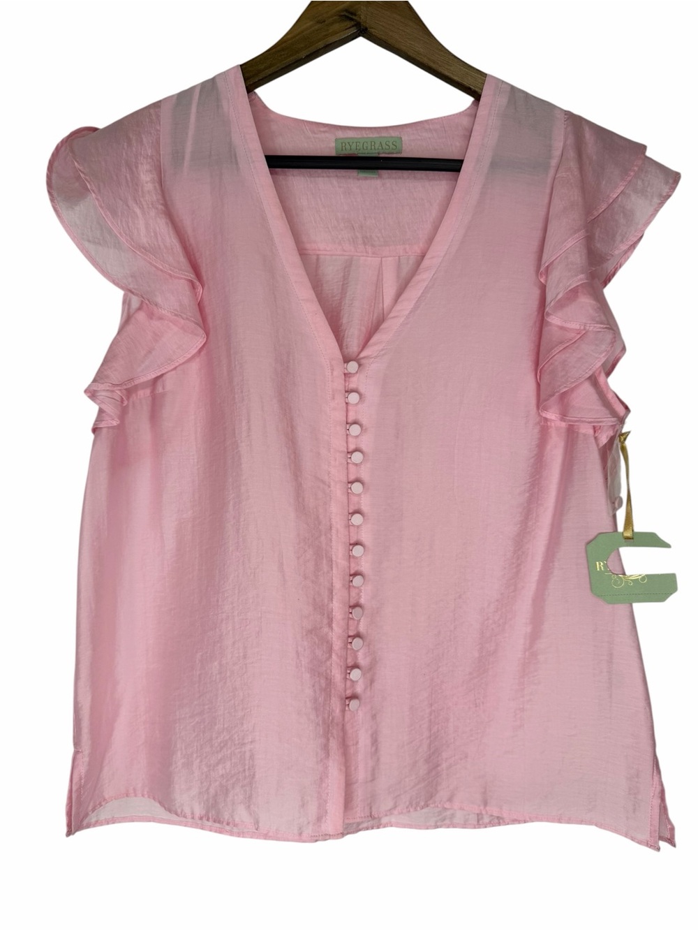 NWT Ryegrass Flutter Sleeve Blouse size Medium Rose Pink V-Neck Button Detail